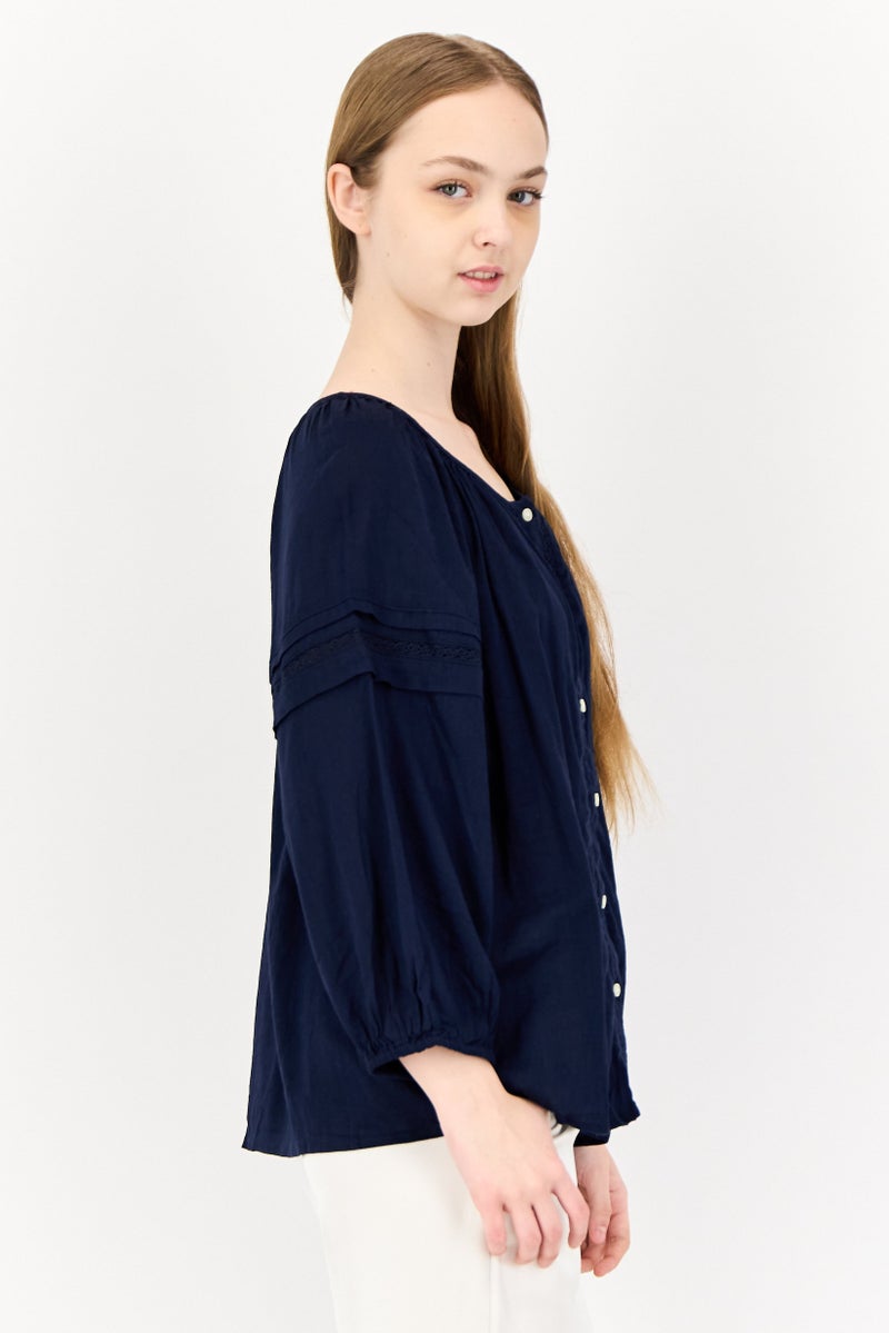 GAP Women Round Neck Long Sleeves Embroidered Top, Navy - Image 3
