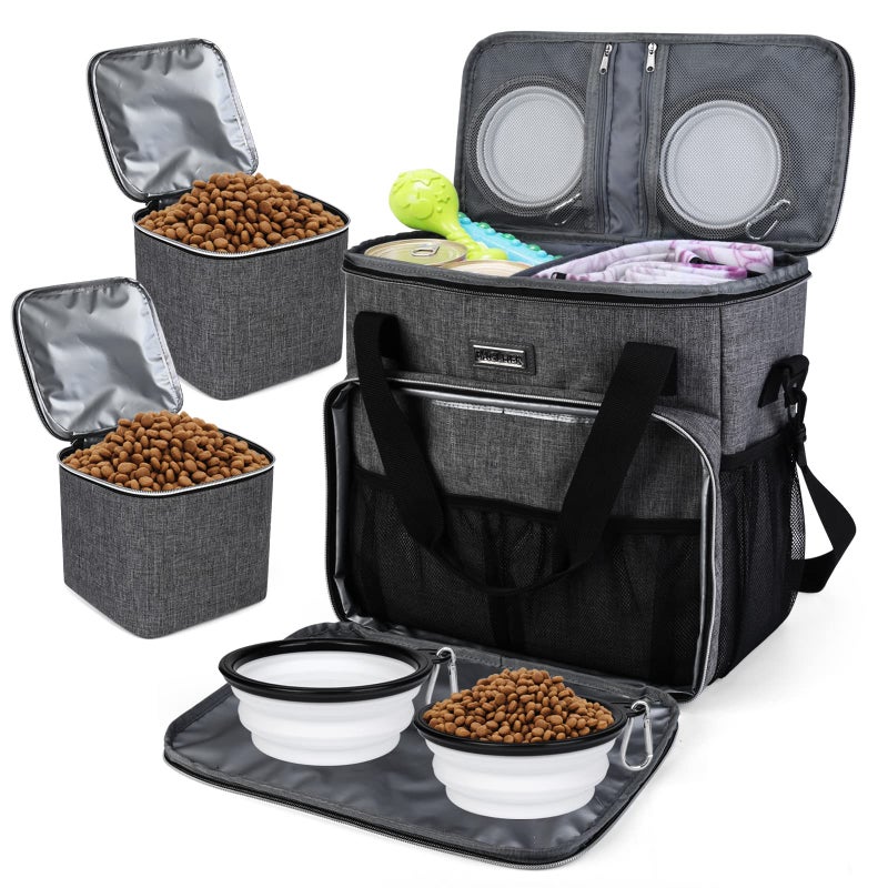 BAGLHER Dog Travel Bag, Pet Travel Bag (ALL Pet Travel Supplies), With 2 Pet Food Containers and 2 Collapsible Silicone Bowls; Essential Kits for Pet Travel Grey - Image 1