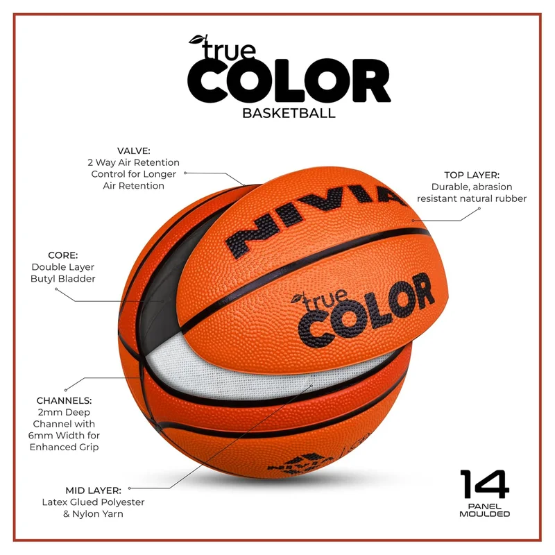 نيفيا Nivia True Color Basketball - Tournament Standard, 14 Panels, Soft Rubber Cover, Butyl Bladder for Indoor & Outdoor Play
