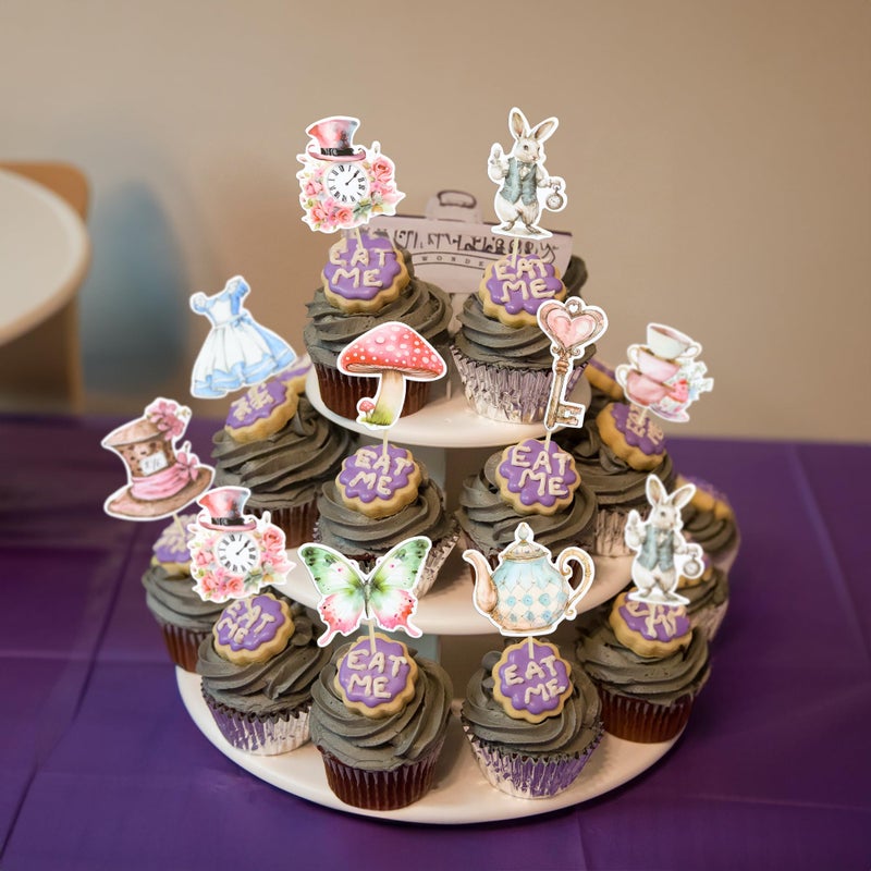 Ephlyn 36Pcs Wonderland Cupcake Toppers Tea Party Cake Decorations Butterfly Flower Bowl Key Clock Eat Me Cupcake Picks for Baby Shower Birthday Kids Birthday Party Decorations - Image 5