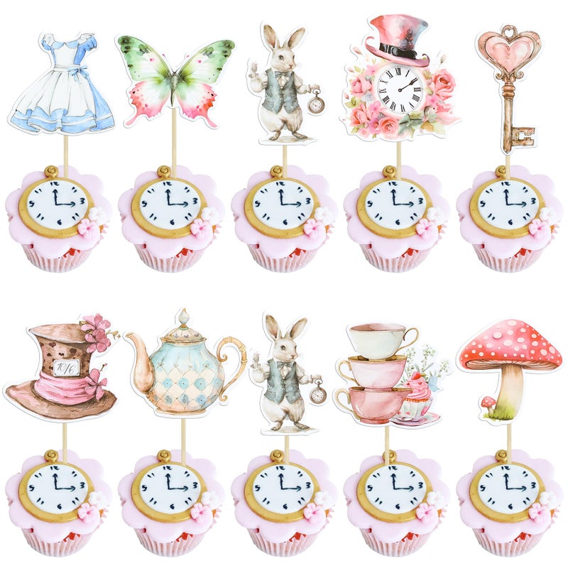 Ephlyn 36Pcs Wonderland Cupcake Toppers Tea Party Cake Decorations Butterfly Flower Bowl Key Clock Eat Me Cupcake Picks for Baby Shower Birthday Kids Birthday Party Decorations - Image 1