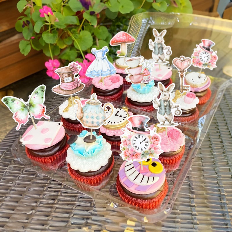 Ephlyn 36Pcs Wonderland Cupcake Toppers Tea Party Cake Decorations Butterfly Flower Bowl Key Clock Eat Me Cupcake Picks for Baby Shower Birthday Kids Birthday Party Decorations - Image 4