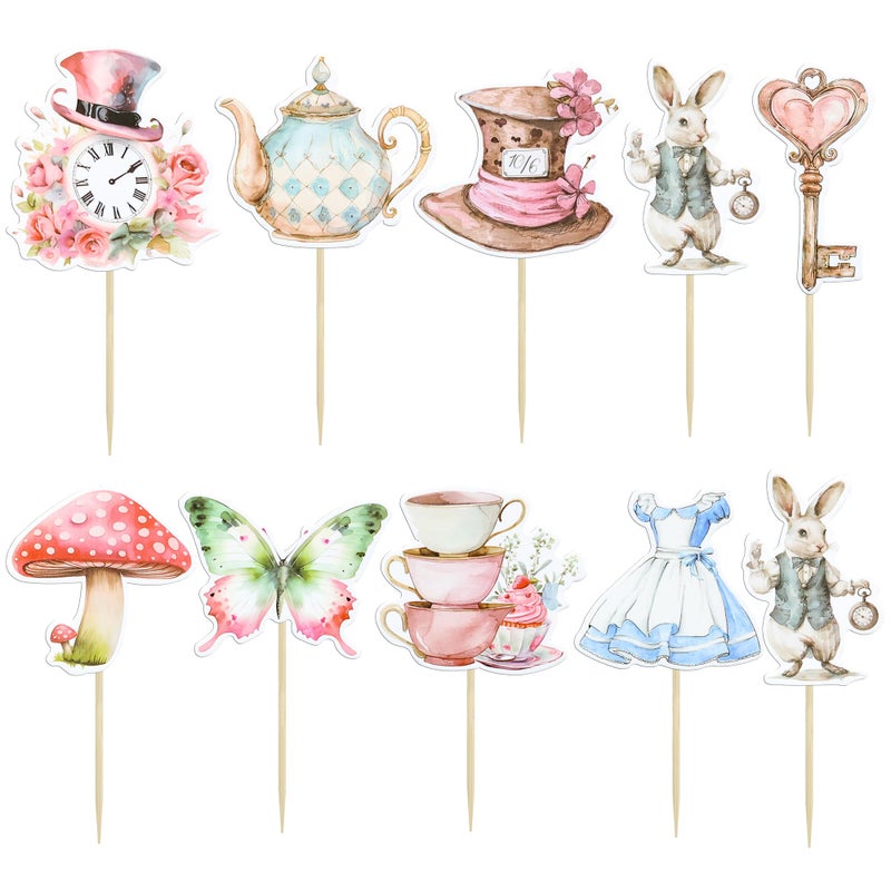 Ephlyn 36Pcs Wonderland Cupcake Toppers Tea Party Cake Decorations Butterfly Flower Bowl Key Clock Eat Me Cupcake Picks for Baby Shower Birthday Kids Birthday Party Decorations - Image 3
