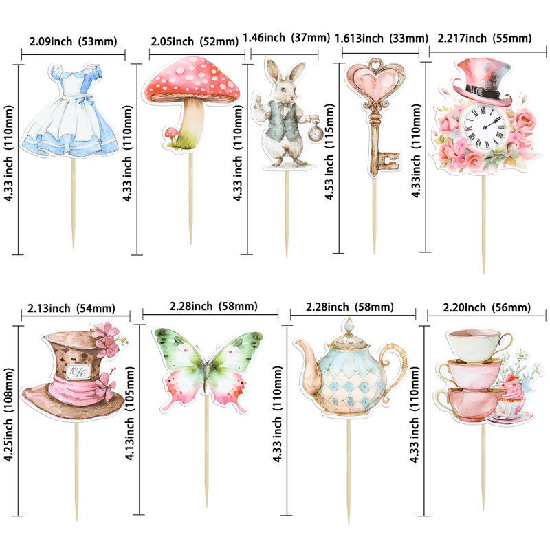 Ephlyn 36Pcs Wonderland Cupcake Toppers Tea Party Cake Decorations Butterfly Flower Bowl Key Clock Eat Me Cupcake Picks for Baby Shower Birthday Kids Birthday Party Decorations - Image 2