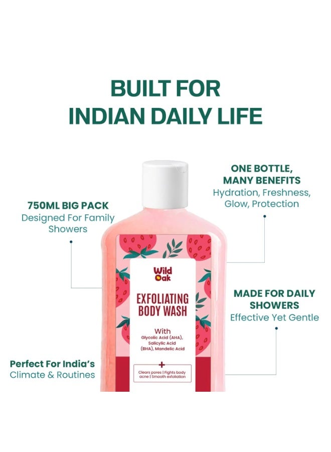 WILD OAK WildOak AHA BHA Exfoliating Body Wash | 750ml Value Pack | Salicylic, Mandelic, Glycolic Acid & Probiotics | Shower Gel | Body Acne, Strawberry Skin, Ingrown Hair & Uneven Texture | Non-Drying Formula - Image 2