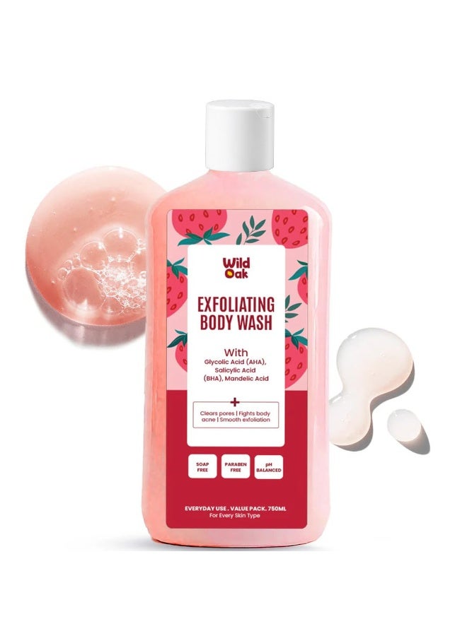WILD OAK WildOak AHA BHA Exfoliating Body Wash | 750ml Value Pack | Salicylic, Mandelic, Glycolic Acid & Probiotics | Shower Gel | Body Acne, Strawberry Skin, Ingrown Hair & Uneven Texture | Non-Drying Formula - Image 1