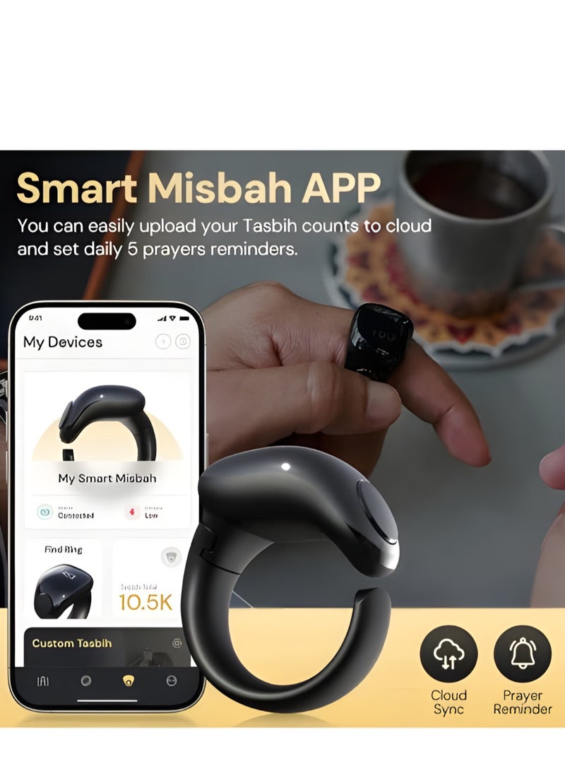 Tasbih Smart Ring, Adjustable Ring Finger Counter with 2 Sizes (18/20mm), APP Support Digital Counter Prayer Reminder Rings, Waterproof 4 Digit Finger Counter Ring for Muslims (Black) - Image 2