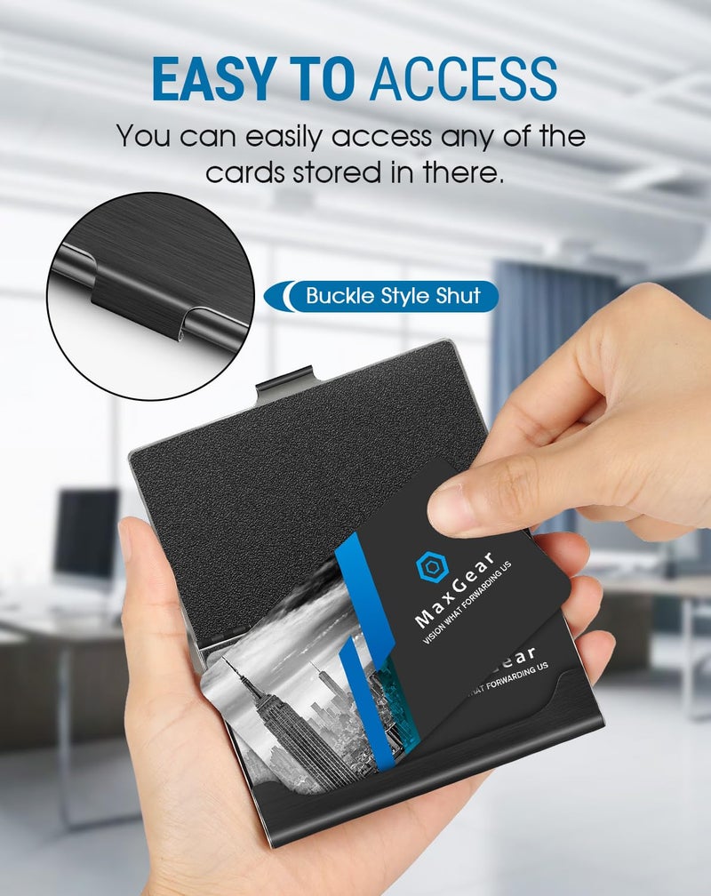 MaxGear Metal Business Card Holder for Men & Women, Professional Stainless Steel Card Case for Business Cards, Slim Purse Name Card Holders with Interior Lining, Buckle Style Shut, Black - Image 2