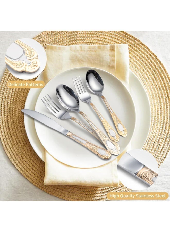 Flatware Set,24 Piece Stainless Steel Flatware Set, Gold Patterned 6 Person Silverware, Dishwasher Safe, Formal Dining, Wedding Gifts - Image 5
