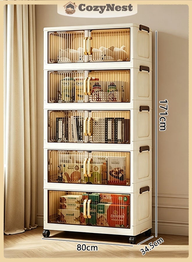 CozyNest 5-Tier Transparent Drawer Storage Cabinet with Wheels, Large Capacity Vertical Plastic Rolling Organizer, Dustproof Lockable Casters Storage Shelf for Living Room Bathroom Kitchen Bedroom - Image 1