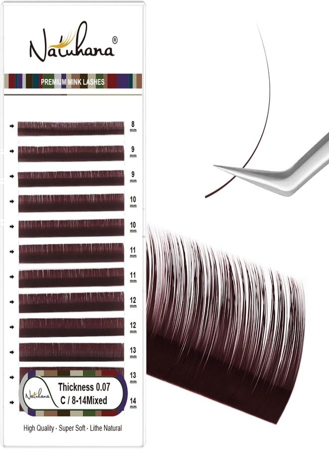 NATUHANA Colored Volume Eyelash Extensions 0.07mm D Curl 8-14mm Mixed & Single Length Tray Soft Individual Lashes, Professional Supplies for Lash Techs(Burgundy,0.07 D,8-14 MIX) - Image 1