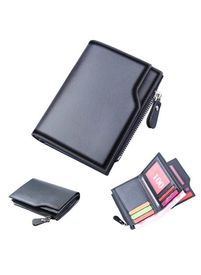 Small Wallet, Leather Bifold Compact Slim Purse, Credit Card Holder Zipper Pocket Mini Wallet, Gift for Men Women with ID Window（Black） - Image 1