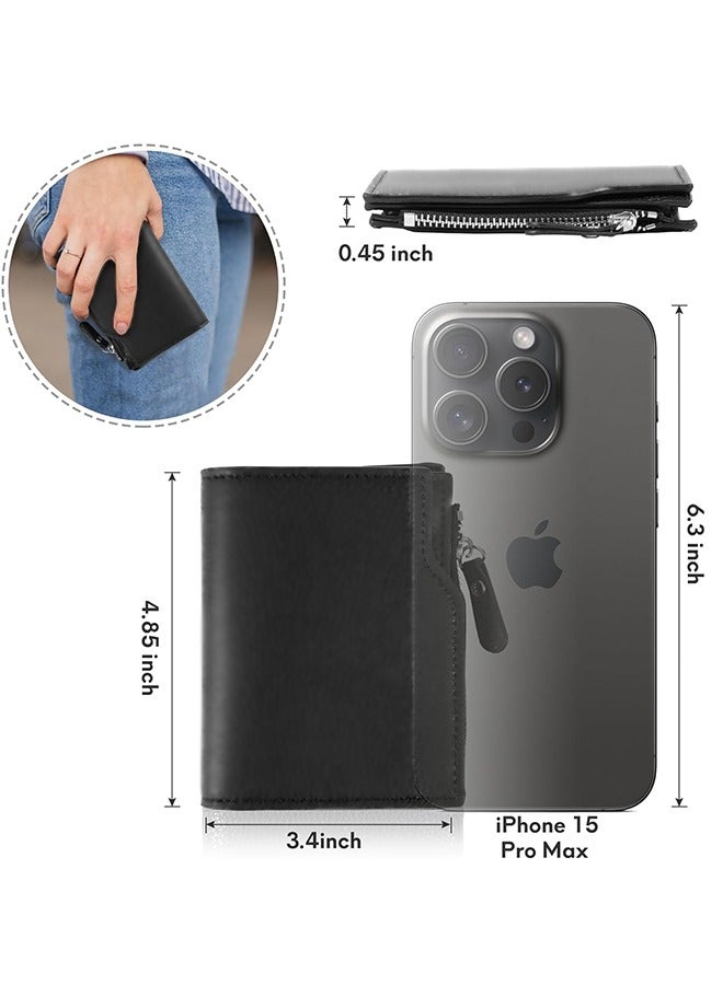 Small Wallet, Leather Bifold Compact Slim Purse, Credit Card Holder Zipper Pocket Mini Wallet, Gift for Men Women with ID Window（Black） - Image 3