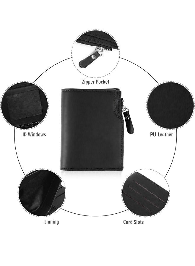 Small Wallet, Leather Bifold Compact Slim Purse, Credit Card Holder Zipper Pocket Mini Wallet, Gift for Men Women with ID Window（Black） - Image 5