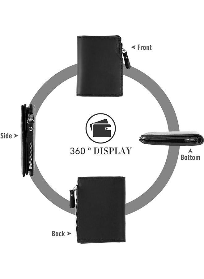 Small Wallet, Leather Bifold Compact Slim Purse, Credit Card Holder Zipper Pocket Mini Wallet, Gift for Men Women with ID Window（Black） - Image 4