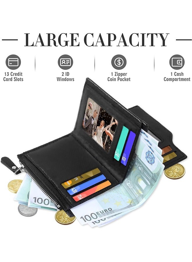 Small Wallet, Leather Bifold Compact Slim Purse, Credit Card Holder Zipper Pocket Mini Wallet, Gift for Men Women with ID Window（Black） - Image 2