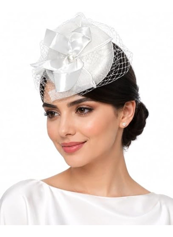 Imported white women's hat, vintage style, suitable for tea parties and cocktail parties, elegant design with net, satin bow, pearl, hair clip, suitable for weddings - Image 1