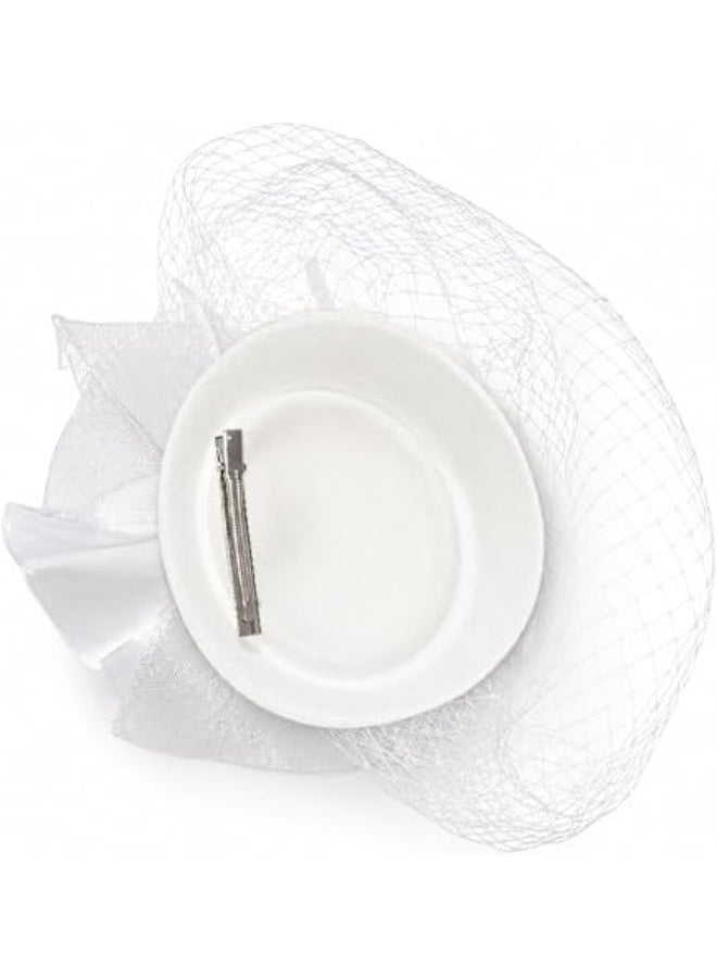 Imported white women's hat, vintage style, suitable for tea parties and cocktail parties, elegant design with net, satin bow, pearl, hair clip, suitable for weddings - Image 2