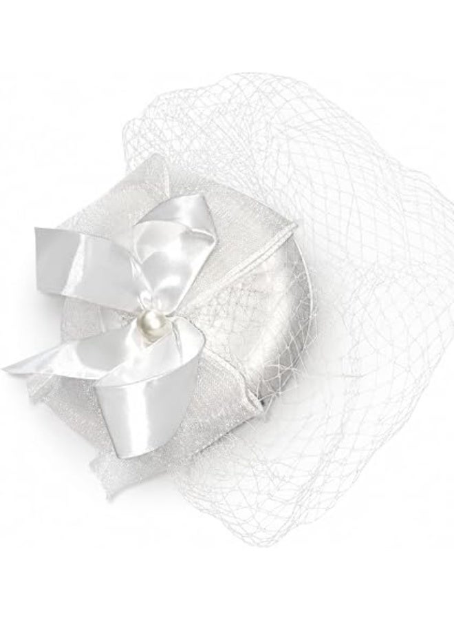 Imported white women's hat, vintage style, suitable for tea parties and cocktail parties, elegant design with net, satin bow, pearl, hair clip, suitable for weddings - Image 3