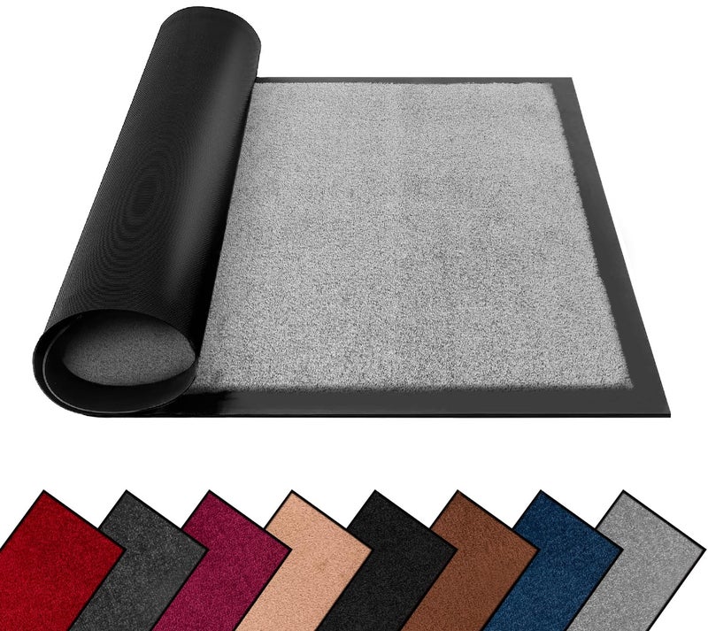 FB FunkyBuys Washable Dirt Trapper Door Mats Indoor  Outdoor Heavy Duty Non Slip Doormats Rubber Backed Floor Mat Super Absorbent Front Door Mat Entrance Rug GreyPlain 40cm x 60cm