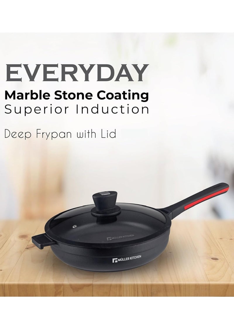 MULLER KITCHEN Deep Frypan with Glass Lid, 28 Cm 3.6L,Die-Cast Aluminum, Non-Stick Marble Coating, PFOA-Free, Suitable for Multiple Stoves  - Image 2
