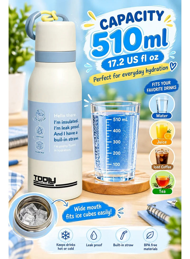 Tooly Beige Insulated Stainless Steel Water Bottle with Built-in Straw (510ml / 17oz) - "Hello There" Print Design | Leak-Proof Hot & Cold Thermal Flask for Gym, Office & Travel
