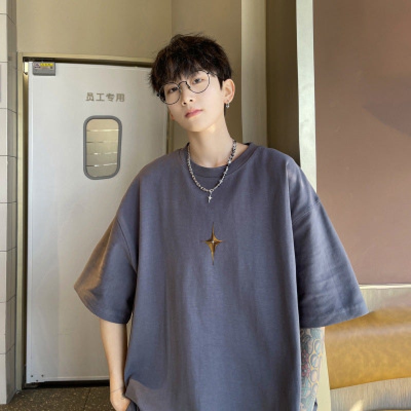 Fashion Brand Autumn Men'S Short-Sleeved T-Shirt Men'S Pure Cotton Crewneck Extra Large Size Fat Loose Short-Sleeved Purplish Blue 5 - Image 1