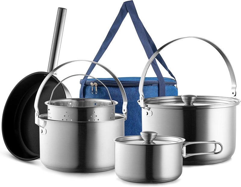 Wealers Camping Cookware Set 304 Stainless Steel 8Piece Pots  Pans Open Fire Cooking Kit  Frying Pan Steamer with Travel Tote Bag  Compact for Outdoors  Indoors Kitchen Campfire Hiking RV - Image 1