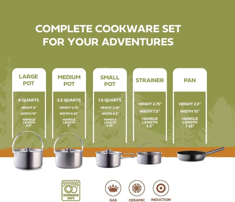 Wealers Camping Cookware Set 304 Stainless Steel 8Piece Pots  Pans Open Fire Cooking Kit  Frying Pan Steamer with Travel Tote Bag  Compact for Outdoors  Indoors Kitchen Campfire Hiking RV - Image 3