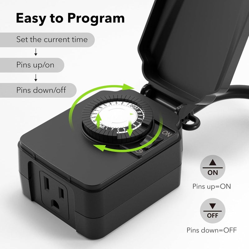 BN-LINK 24-Hour Mechanical Outdoor Light Timer, Waterproof, Heavy Duty, 15A 1/2HP, 1 Grounded Timer Outlet for Home and Garden,ETL Listed,2 Pack - Image 4