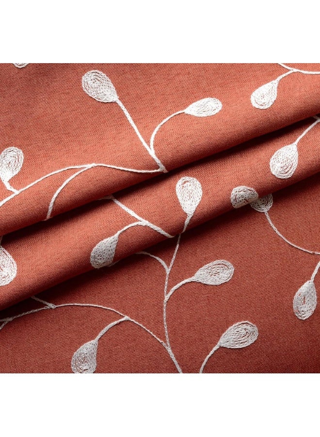 MIUCO Floral Embroidered Semi Sheer Curtains Faux Linen Grommet Window Curtains for Girls Room 52 x 63 Inch 2 Panels Rust - Image 4