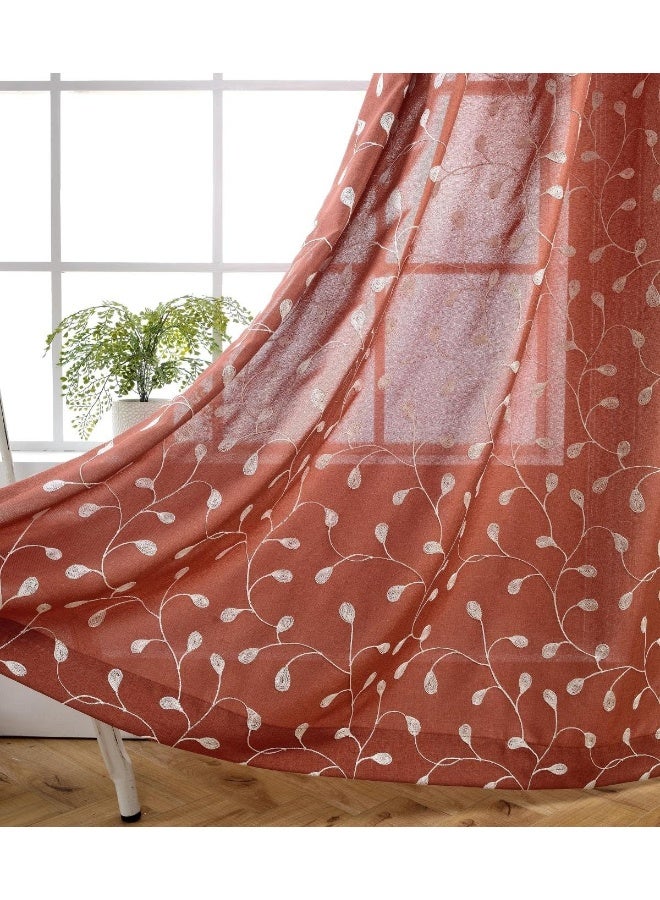 MIUCO Floral Embroidered Semi Sheer Curtains Faux Linen Grommet Window Curtains for Girls Room 52 x 63 Inch 2 Panels Rust - Image 5