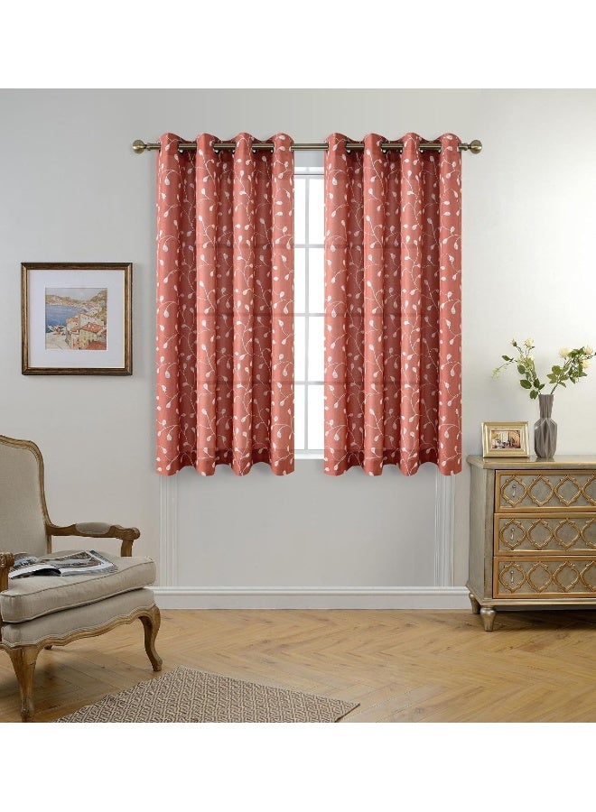 MIUCO Floral Embroidered Semi Sheer Curtains Faux Linen Grommet Window Curtains for Girls Room 52 x 63 Inch 2 Panels Rust - Image 3