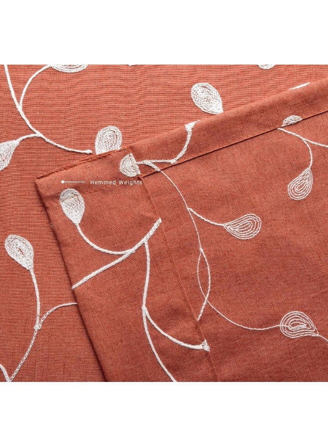 MIUCO Floral Embroidered Semi Sheer Curtains Faux Linen Grommet Window Curtains for Girls Room 52 x 63 Inch 2 Panels Rust - Image 2