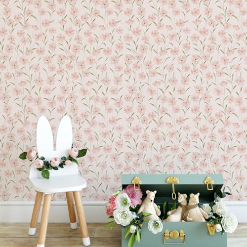 JiffDiff Pink Floral Wallpaper Peel and Stick Vintage Wildflower Contact Papper for Girls Kids Bedroom Botanical Flower Farmhouse Self Adhesive Wall Paper Bathroom Furniture 2362 X17329 sq ft - Image 1