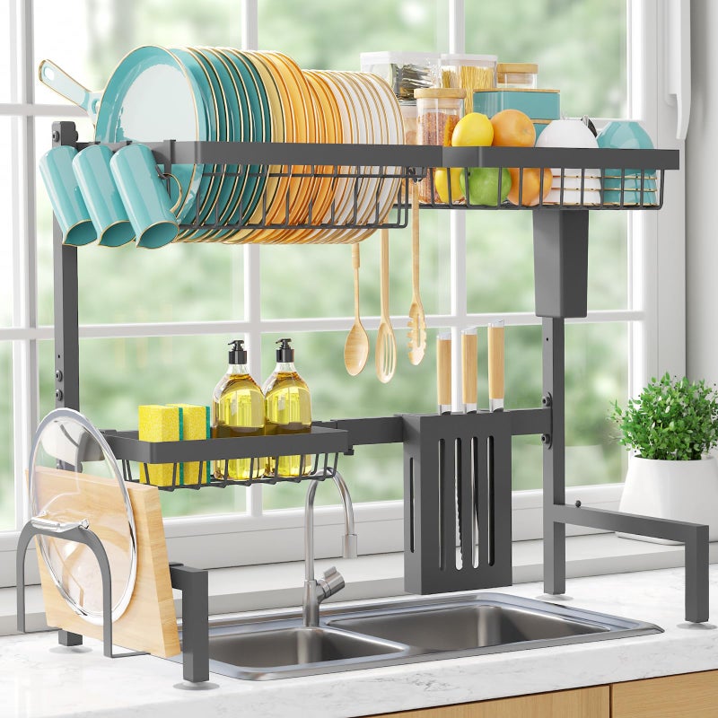 Sakugi Over The Sink Dish Drying Rack Adjustable 2 Tier Large Capacity Stainless Steel Drainer with Cutlery Utensil Holders Kitchen Storage Organization 30339 L x 11 W x 215 H Gray