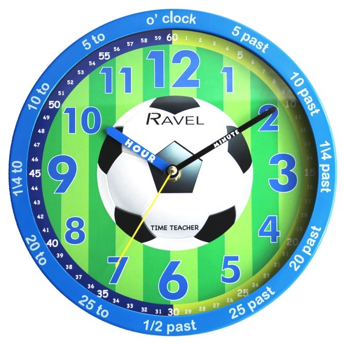 CHILDRENS 25CM TIME TEACHER WALL CLOCK RKC12 ANALOGUE QUARTZ BLUE FOOTBALLGREEN DIAL