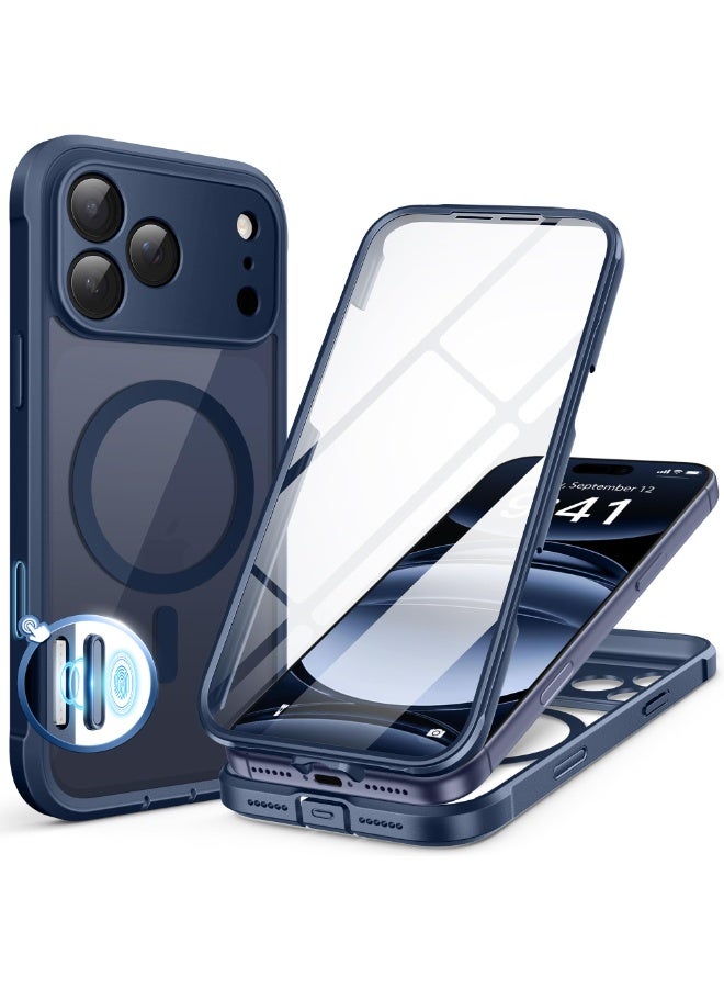 بيرفي جراب آيفون 17 برو ماكس، متوافق مع MagSafe، مزوّد بزجاج حماية مقوى 9H مدمج وحماية للكاميرا، جراب شفاف مقاوم للصدمات بغطاء كامل لهاتف 17 برو ماكس مقاس 6.9 بوصة، لون أزرق داكن - Image 1