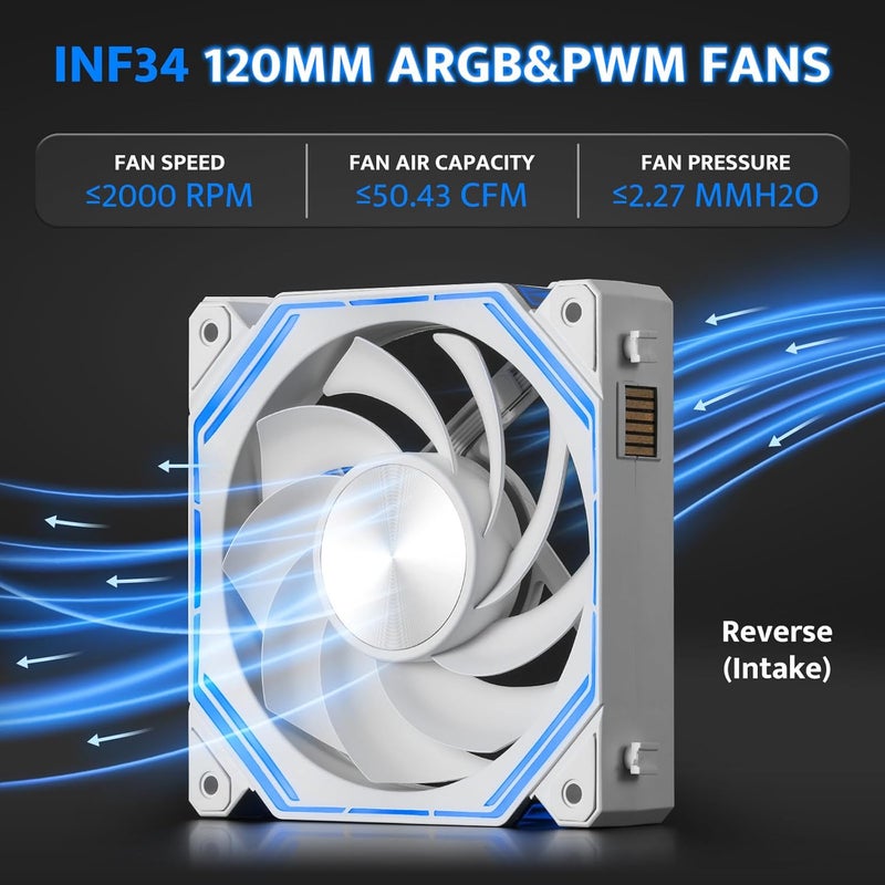 دارك فلاش مروحة كمبيوتر darkFlash INF34 120MM لصندوق الكمبيوتر، سلسلة ديزي، تبريد حتى 2000 دورة في الدقيقة، 4-دبوس PWM، مروحة كمبيوتر ARGB لتبريد وحدة المعالجة المركزية، 3 قطع (عكسي، أبيض) - Image 4
