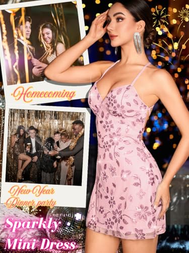 ShawGobow Beaded Sequin Dress,Backless Floral Mini Dresses for Women,Homecoming Cocktail Party Sparkly Outfits Pink Large - Image 2