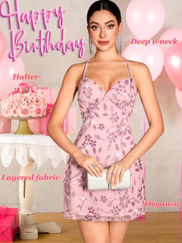 ShawGobow Beaded Sequin Dress,Backless Floral Mini Dresses for Women,Homecoming Cocktail Party Sparkly Outfits Pink Large - Image 5