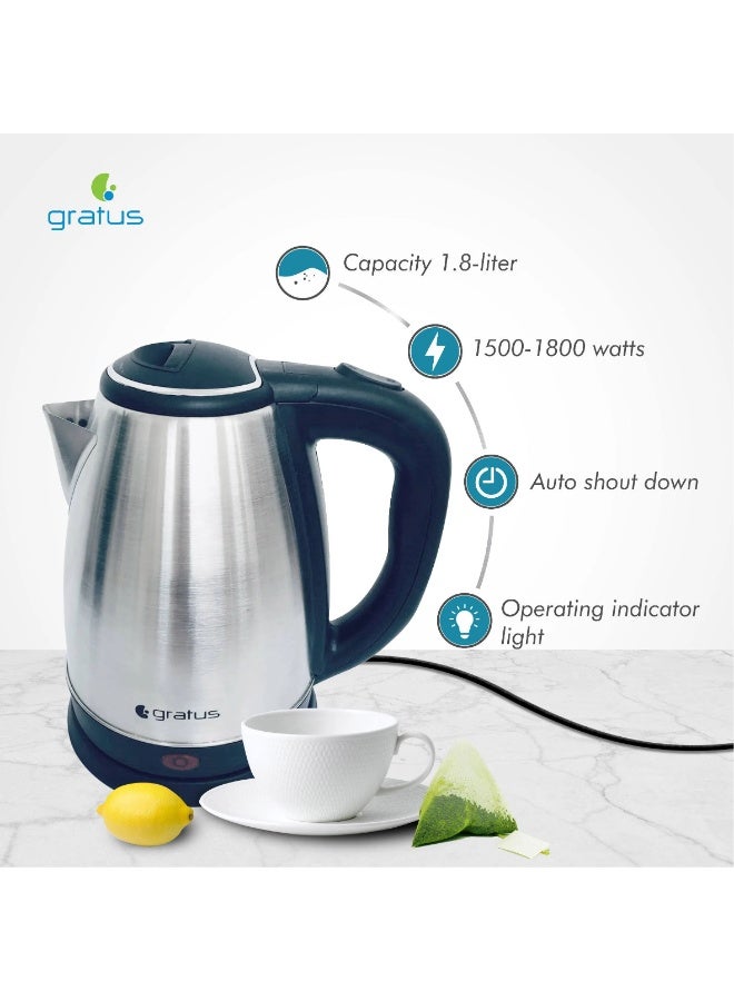 Gratus 1.8L Stainless Steel Electric Kettle 1500–1800W with 360° Cordless Base & Auto Shut-Off, Silver GKSS1815AC - Image 2