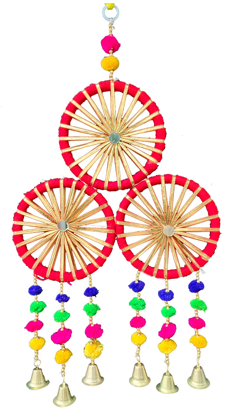3A Featuretail Handcrafted Decorative Colourful Wall/Door/Window Hanging Bells, Festive or Wedding Hanging Decorative Items (3 in 1 Wheel Bell Red, Set of 2) - Image 2