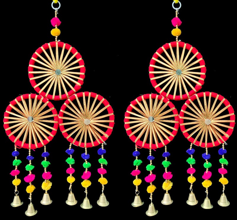 3A Featuretail Handcrafted Decorative Colourful Wall/Door/Window Hanging Bells, Festive or Wedding Hanging Decorative Items (3 in 1 Wheel Bell Red, Set of 2) - Image 4
