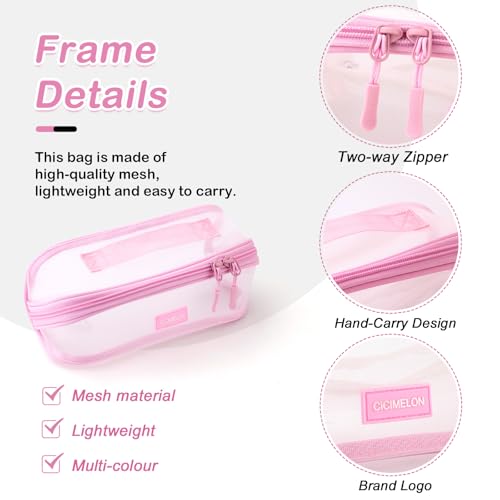 CICIMELON Transparent Mesh Pencil Pouch with Handle Big Case Clear Pen Bag College Essentials School Supplies, Pink - Image 4
