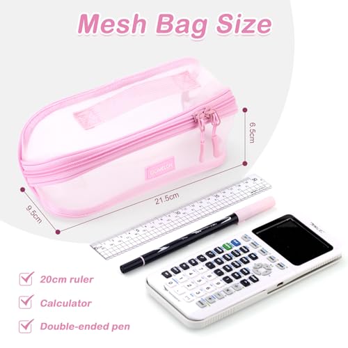 CICIMELON Transparent Mesh Pencil Pouch with Handle Big Case Clear Pen Bag College Essentials School Supplies, Pink - Image 5