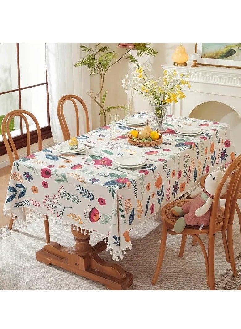 UKR Floral Tablecloth with Tassels Linen Wrinkle-Resistant Table Cover for Kitchen & Dining –  Decorative Rectangular Table for Home & Parties - Image 1