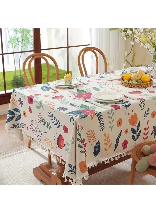 UKR Floral Tablecloth with Tassels Linen Wrinkle-Resistant Table Cover for Kitchen & Dining –  Decorative Rectangular Table for Home & Parties - Image 2