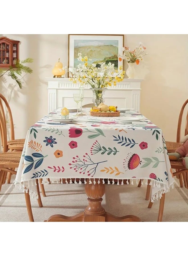 UKR Floral Tablecloth with Tassels Linen Wrinkle-Resistant Table Cover for Kitchen & Dining –  Decorative Rectangular Table for Home & Parties - Image 5