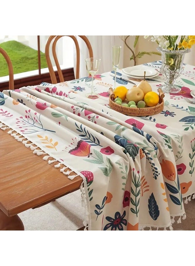 UKR Floral Tablecloth with Tassels Linen Wrinkle-Resistant Table Cover for Kitchen & Dining –  Decorative Rectangular Table for Home & Parties - Image 4